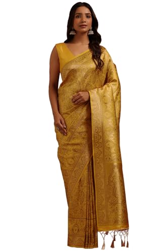 Soch Womens Yellow Tussar Floral Zari Woven Saree