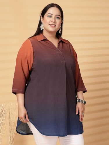 Women Plus Size Ombre Pleated Shirt Collar Regular Top (FSTP23491-BROWNOMBRE-6XL)