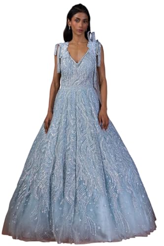 Woman's Light Blue Sequins Embroidered Net Reception Gown