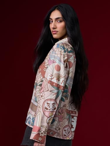The Souled Store Japanese Art: Women and Girls Full Sleeves Collared Beige Conversational Printed Viscose Nylon Blend Regular Fit Lightweight Winter-Ready Tie-Up Shirt