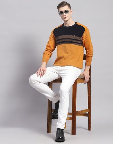 Monte Carlo Mens Mustard Solid Round Neck Full Sleeve Cotton Blend Casual Sweater (1239264RN-2-40)