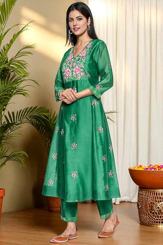 W for Woman Green Printed Chanderi Flared Kurta, Straight Pant and Dupatta Set (Size: M)-WS12961-125861