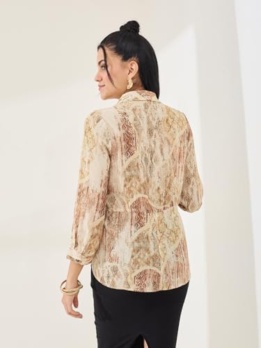 Latin Quarters Women's Beige Printed 3/4th Sleeve Collar Neck Casual Shirt_S