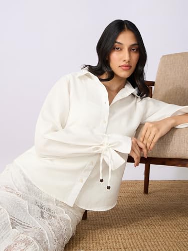 The Souled Store Cotton Linen: Ivory Women and Girls Long Sleeves Collared Neck Button Front Solid Regular Fit Cotton Linen Shirts