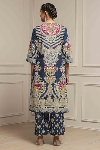 Biba Women Blue Cotton Straight Printed Suit Set_34
