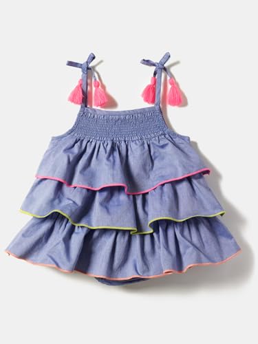 Nauti nati Baby Girls Blue Embroidered Layered Square Neck Smocking Pure Cotton Casual Dress Above The Knee NN321-016