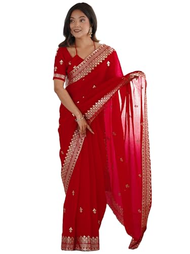 AKHILAM Women's Red Satin Silk Embellished Saree With Unstitched Blouse Piece (KRIYNS5305_KH)