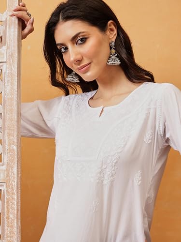 Ada Lucknowi Hand Embroidered Chikankari Cotton Short Kurta Kurti Tunic Top for Women A911364 White (L)
