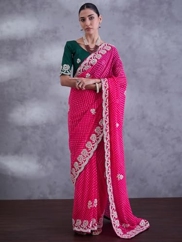 SAREE MALL Women's Pink Georgette Bandhani Printed Saree With Unstitched Blouse (DHNIYA901M7_DC)