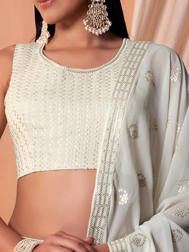 Zeel Clothing Women's Sequins Thread Embroidered Georgette Semi Stitched Lehenga Choli With Dupatta (5115-White-Wedding-Stylish-Latest; Free Size)