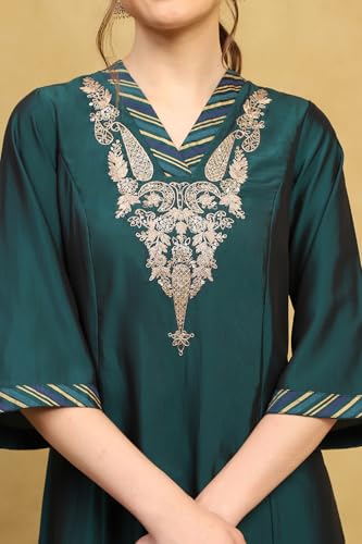 Rangriti Women Deep Green Polyester Blend Embroidered A-Line Kurta Set_36