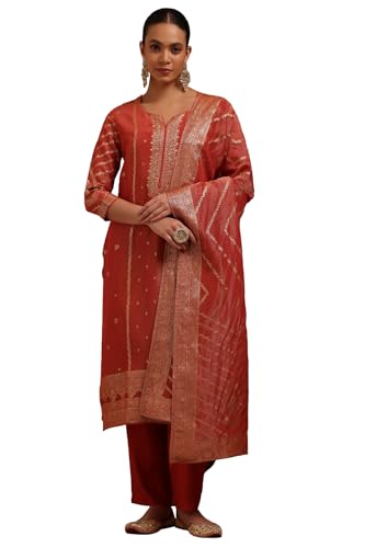 Soch Womens Rust Tissue Woven Designs Suit Set With Cutdana