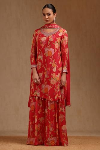 Soch Womens Red Chinon Floral Print Suit Set With Thread Work