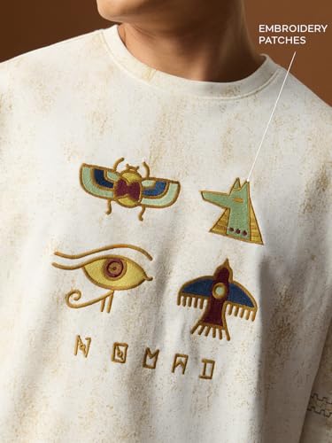 The Souled Store Nomad: Phoenix Men and Boys Short Sleeves Round Neck Off-White Embroidered Casual Lightweight Drop Shoulder Streetwear Trendy Super Oversized T-Shirt