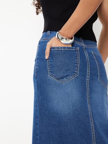 Max Women Washed Denim High Rise Skirt (Blue_30)