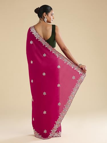 AKHILAM Women's Pink Vichitra Silk Floral Embellished Saree With Unstitched Blouse Piece (ANIKA2502_AG)