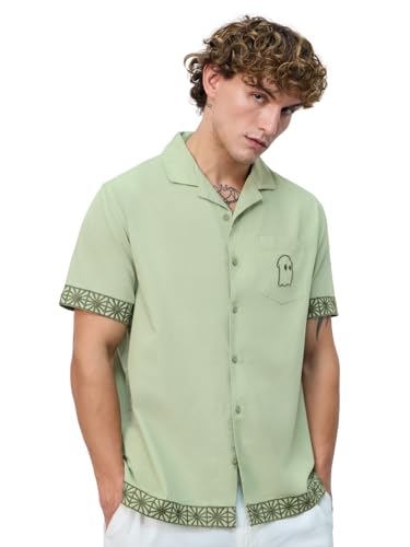 The Souled Store Cotton Linen: Aura Men and Boys Short Sleeves Collared Neck Green Embroidered Regular Fit Cotton Linen Shirt