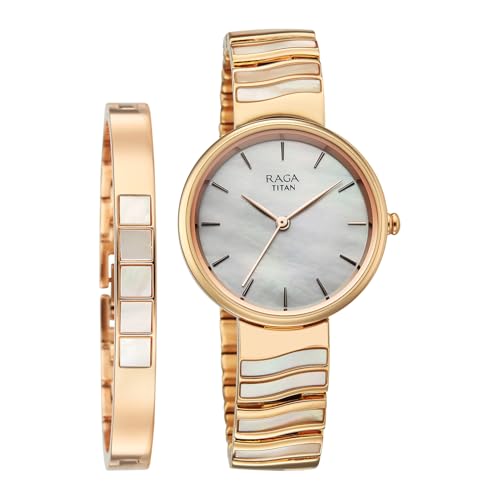 Titan Raga Power Pearls 2.0 with Quartz Analog Mother of Pearl Dial Rose Gold Brass Strap Watch for Women - 2810WM03F