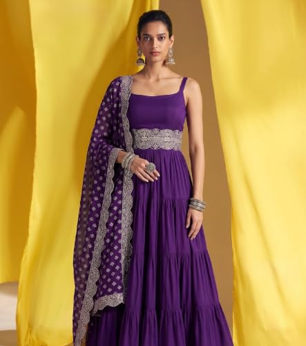 Women's Purple Silk Blend Anarkali Kurta Set With Dupatta
