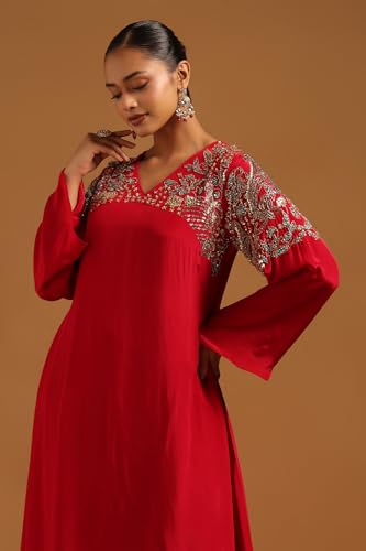 Soch Womens Fuchsia Crepe Embellished Co-Ords Set With Beads And Stones