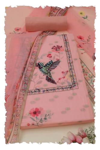 Soch Womens Peach Kota Botanical Print Unstitched Dress Material With Thread Work