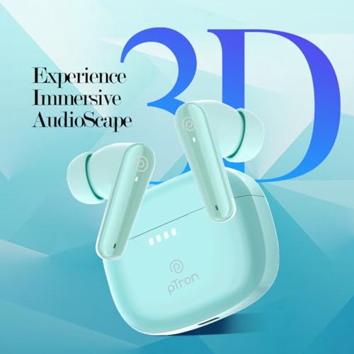 pTron Basspods Tour TWS Earbuds with 3D AudioScape, 45Hrs Playtime, TruTalk AI-ENC Calls, 50ms Low Latency Sync, BT v5.3, Type-C Fast Charging, Voice Asst. & IPX5 Water Resistant (Mint Julep)