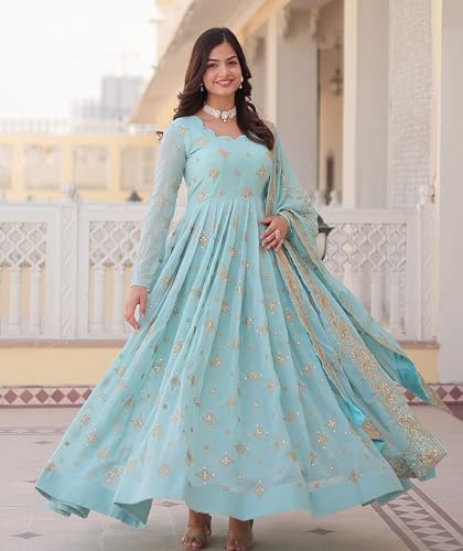 Fashion Basket Havy Georgette Embroidered Anarkali Dress for Women Sky Blue