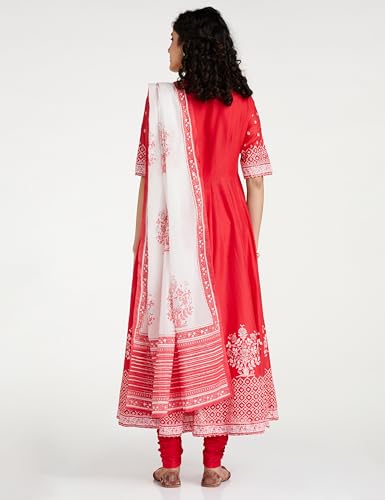 BIBA Wwomen Cotton Printed Anarkali Salwar Kurta Dupatta (SKDASSORTED5919E_Red_40)