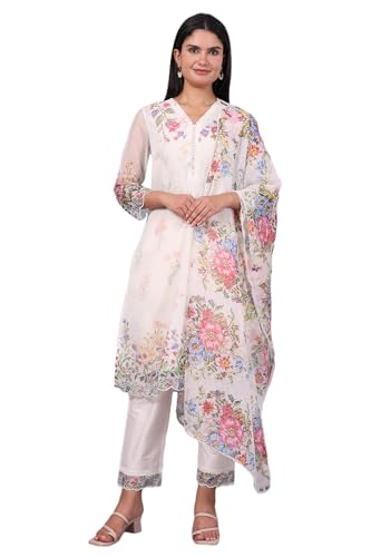 W for Woman White Floral Printed Beads Organza Straight Kurta, Straight Pant and Dupatta Set (Size: L)-WS12975-122012