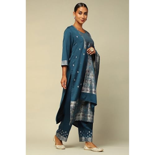 Rangriti Women's Acrylic Kurta Set (WNTRWR19647AW24PTRLBLU_Petrol Blue