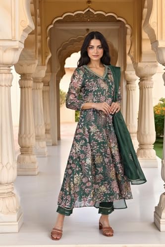 W for Woman Floral Printed Metallic Embroidered Flared Kota Doria Kurta with Pant and Dupatta Set - Green (WS13278-126619-3XL)