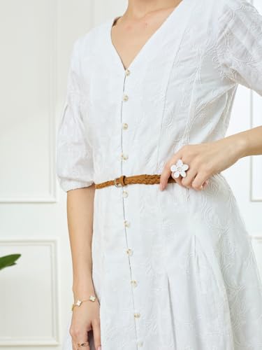 Latin Quarters Women's White Half Sleeves V-Neck Casual Embroidery Dress_S
