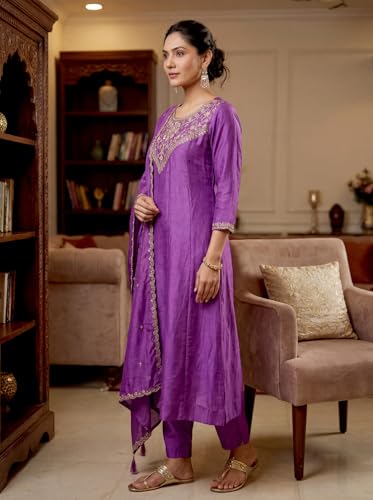 VARNI FABRICS: A lady's First Love Women's Vichitra Silk Embroidered Kurta With Pants and Dupatta, Ethnic Wear Set (IN, Alpha, S, Regular, Purple)