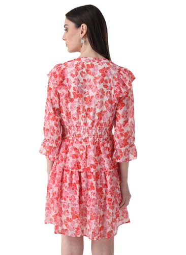 Kazo Women's Chiffon Fit and Flare Mini Dress (125459_Pink White Combo