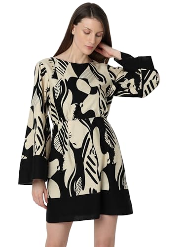 VERO MODA Women Abstract Print Black Cotton Above Knee Length Fit and Flare Dress