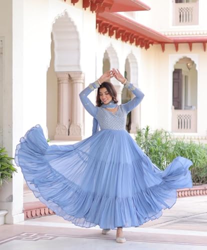PRISTIQ Fashion Faux Georgette Anarkali Dress Set with Dupatta, Embroidered, Traditional Indian Ethnic Wear, (in, Alpha, 2XL, Regular, Sky)