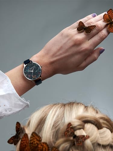 Olivia burton Night Garden Qtz Basic Slim White Mother of Pearl & 3D Print & Stone Round Dial Women's Watch|Navy Leather Material|Navy Color Band - OB16WG86