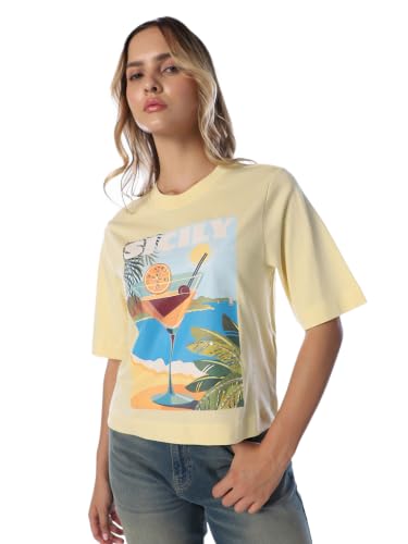 ONLY Women's Graphic Print Regular Fit Yellow T-Shirt