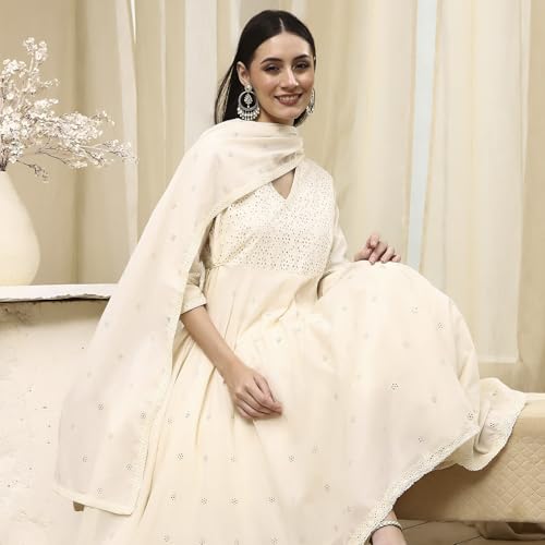 Biba Women Off-White Cotton Schiffli Anarkali Suit Set_42