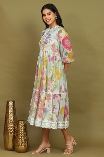 W for Woman White Floral Printed Tiered Chiffon Dress with Lace Detail (Size: M)-W12410-125443