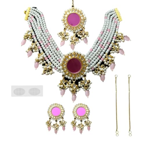 ACCESSHER Gold Plated Kundan & Pearl Pink Choker Set with Earrings and Maangtikka with a Pair of Gold Plated Earring Supporter & Maangtikka Supporter Patch Sticker | For Women & Girls
