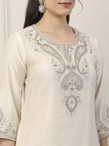 Biba Women White Silk Chanderi Straight Suit Set_34