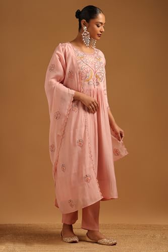 Soch Womens Pink Mul Chanderi Floral Salwar Suit With Hand Embroidery and Bead Details