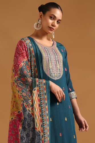Soch Womens Teal Viscose Blend Ethnic Motifs Zari Embroidered Salwar Suit With Sequin