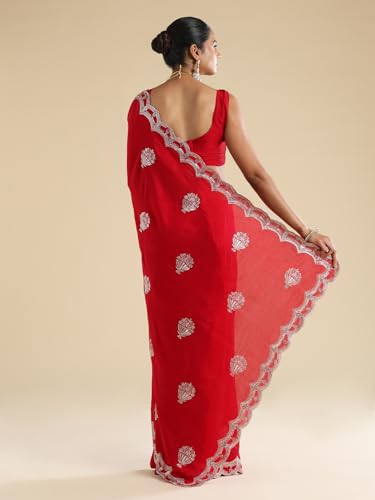 AKHILAM Women's Red Vichitra Silk Ethnic Motif Embellished Saree With Unstitched Blouse Piece (ANIKA2402_AG)
