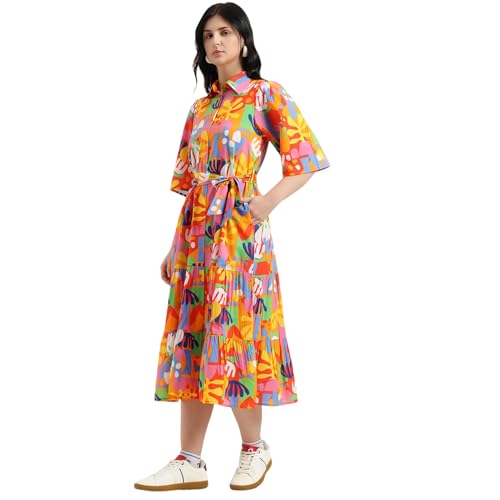 United Colors of Benetton Regular Fit Spread Collar Printed Dress (Size : XS) - 26P4WVDRL164I901 Multicolour