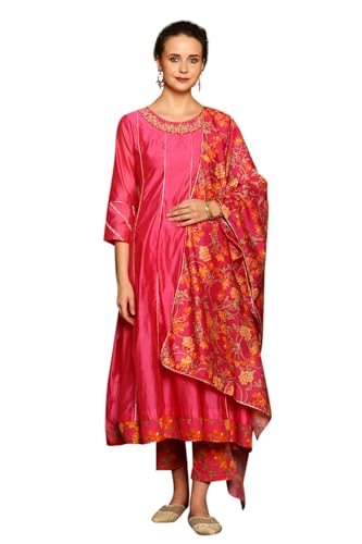 W for Woman Magenta Pink Chanderi Dori Embroidered Anarkali Kurta, Pants and Dupatta Set (Size: XL)-24AUWS11468-221979
