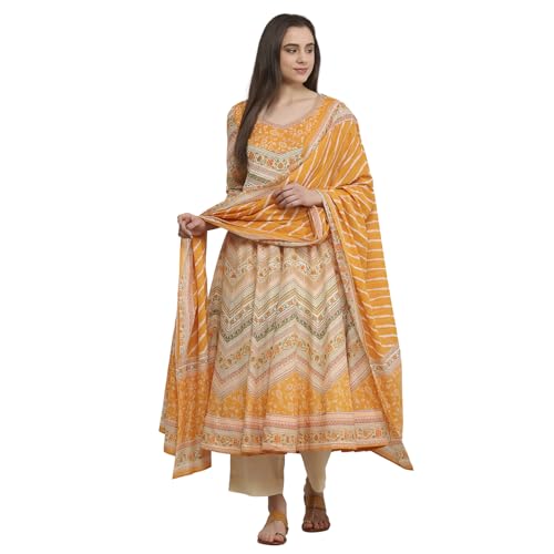 Biba Women Mango Yellow Cotton Printed Anarkali Suit Set_38