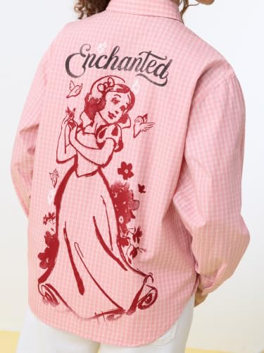 The Souled Store Disney: Enchanted Women Full Length Spread Collar Light Pink Checked Graphic Printed Cotton Oversized Back Graphic Print Lightweight Everyday Shirt for Casual Wear