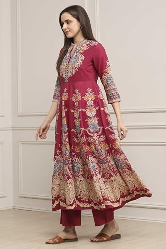 Biba Women Magenta Cotton Kalidar Printed Kurta Pants Set_38